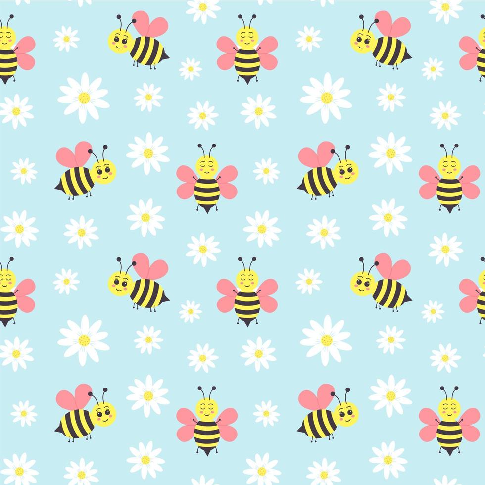 Seamless pattern of daisy flower and cartoon bee on blue background. vector