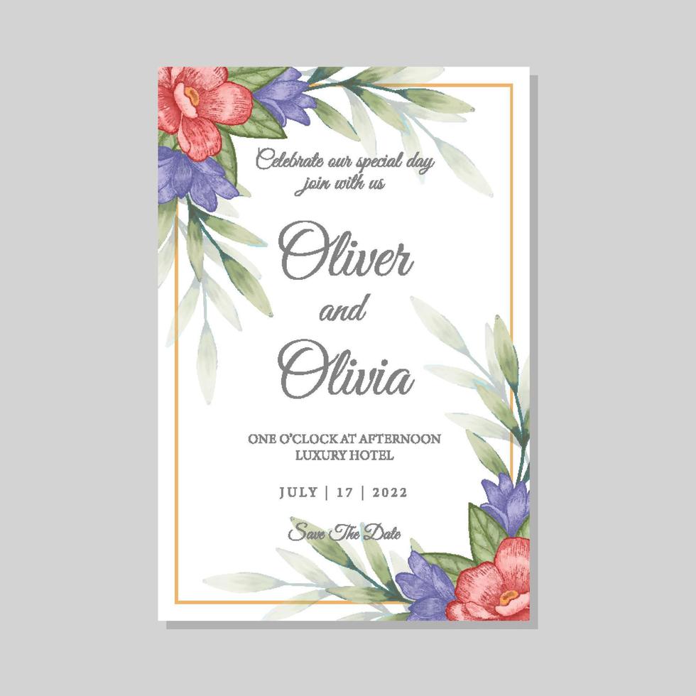 invitación de boda y plantilla de menú con flores y hojas vector