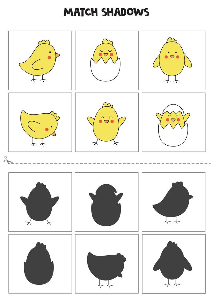 Find shadows of cute Easter chicks. Cards for kids. vector