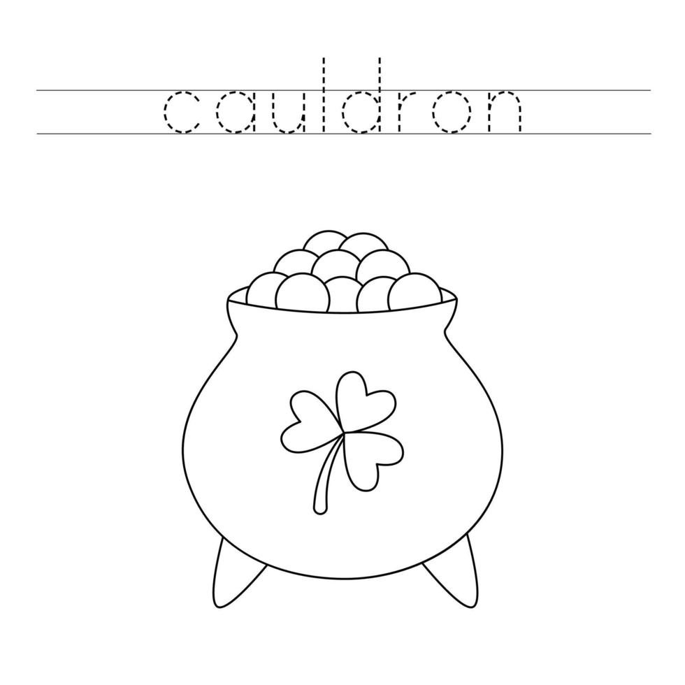 Trace the letters and color cauldron. Handwriting practice for kids. vector