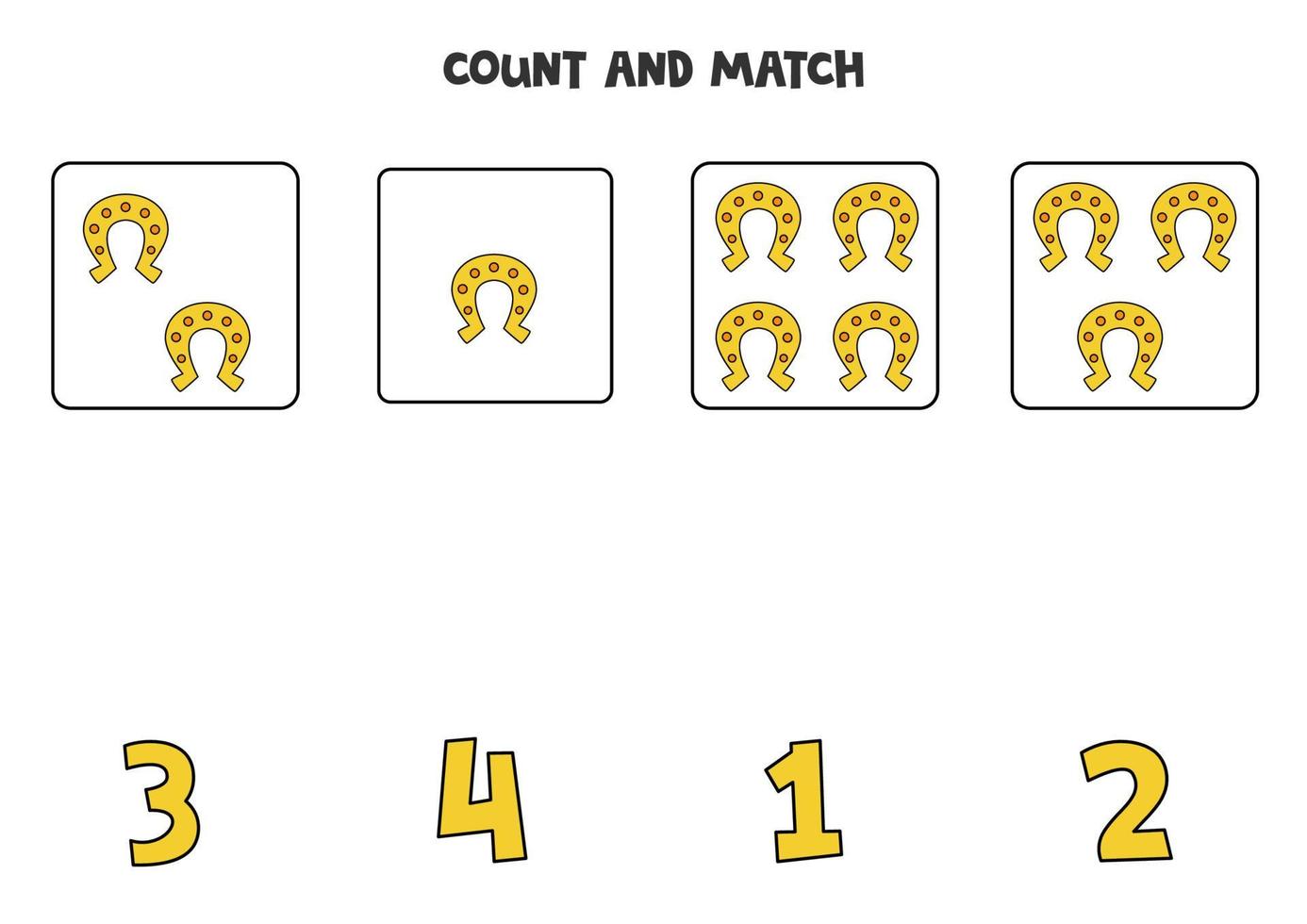 Counting game for kids. Count all horseshoe and match with number. Worksheet for children. vector