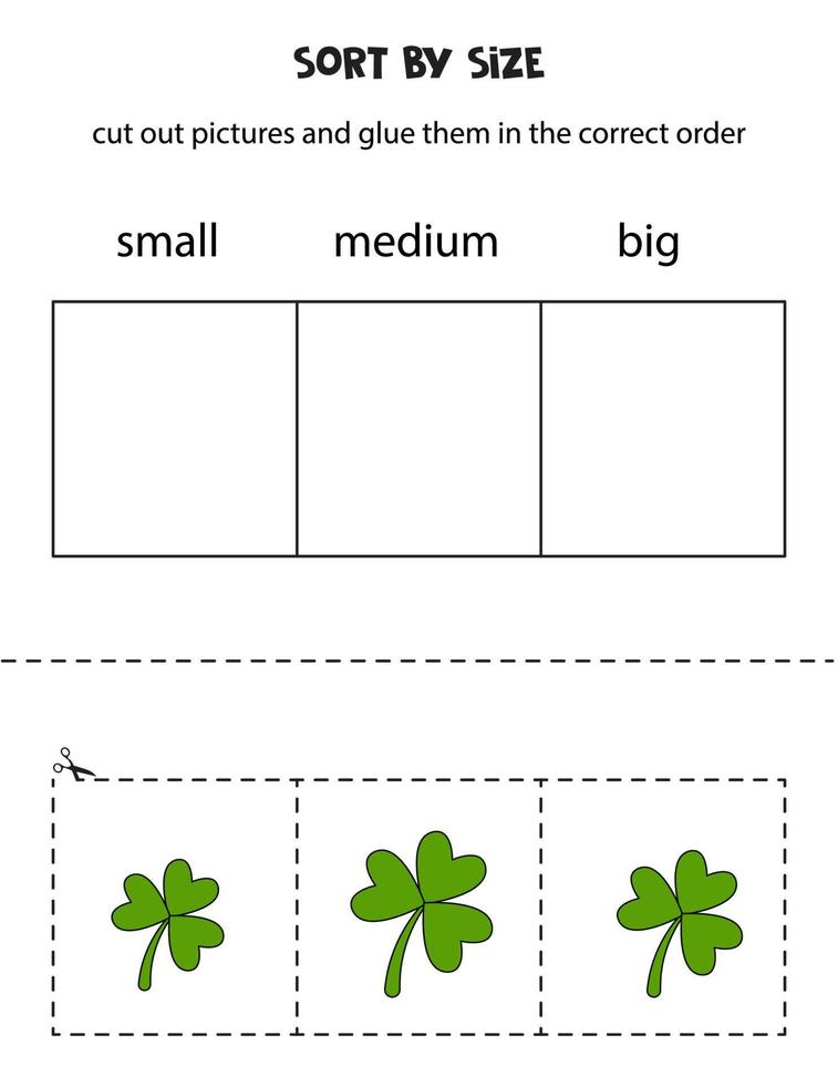 Sort shamrocks by size. Educational worksheet for kids. vector