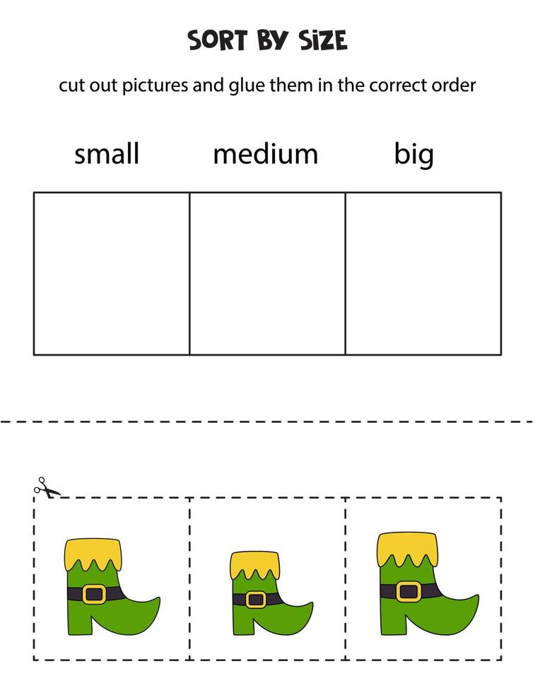 ordenar las botas por tamaño. hoja de trabajo educativa para niños. vector