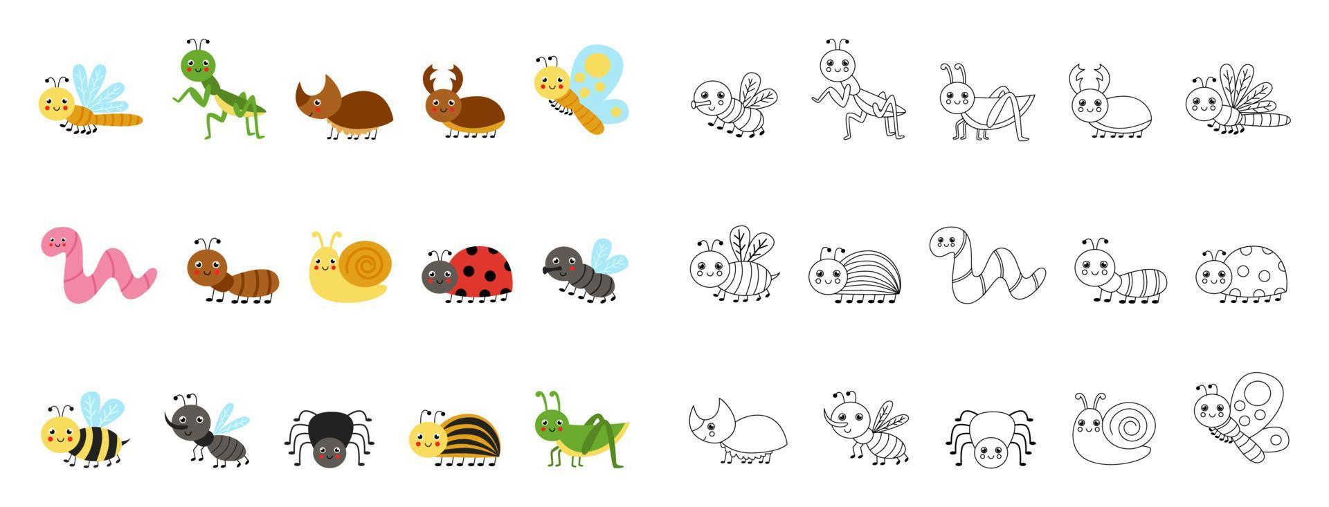 Set of cute colorful insects on white background. black and white version. vector