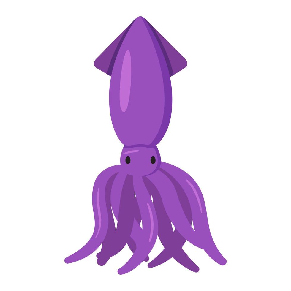 Purple squid, vector illustration in cartoon flat style. Sea and ocean animal. Tasty food for restaurant. Stylized image, clip art. Print for educational and recipe books