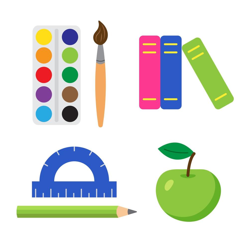 Set of school and educational elements. Paints with brush, books, protractor with pencil and apple. Back to school concept. Prints for web, flyer, stickers, design and decor vector
