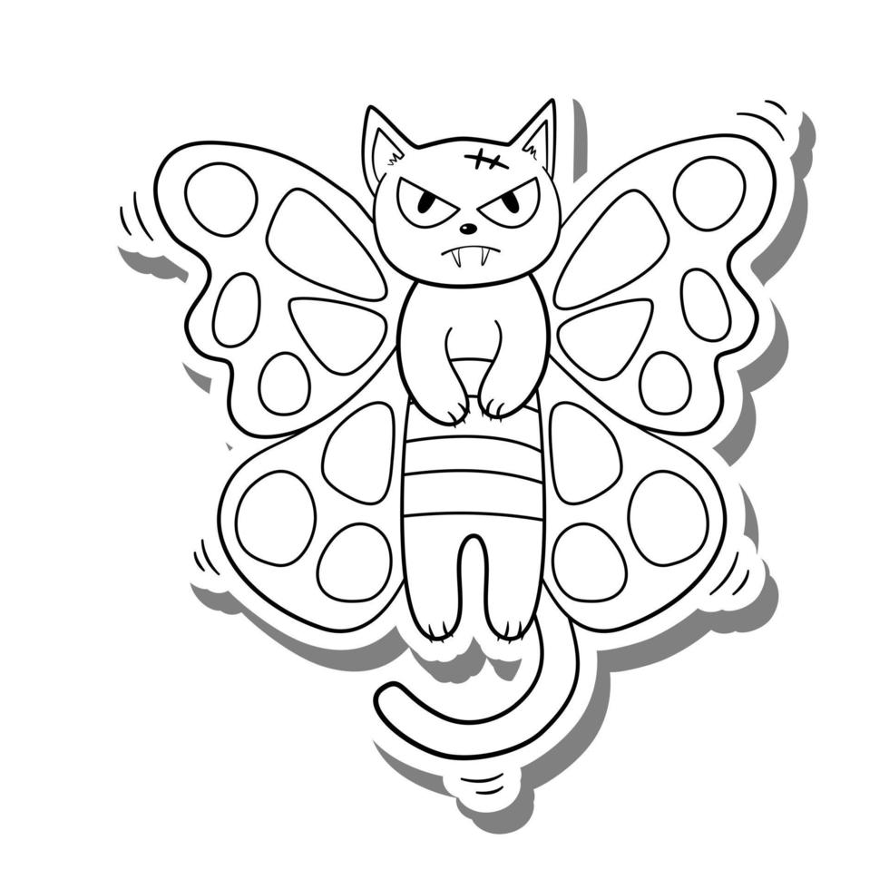 lindo gato de dibujos animados mariposa línea negra para colorear. fusión de animales imaginar. garabato en silueta blanca y sombra gris. ilustración vectorial para cualquier diseño. vector