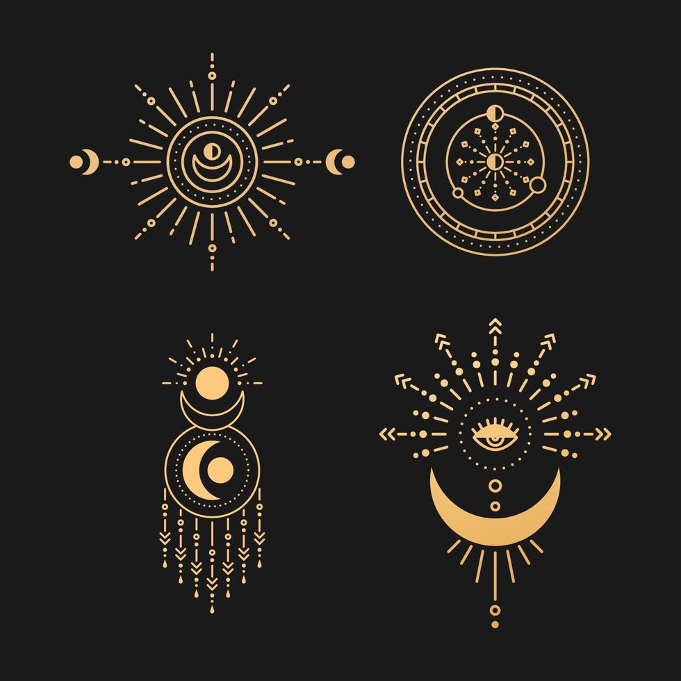 Set of moon and sun line art. Minimal boho linear symbols. Celestial mystic element. Vector line art illustration.