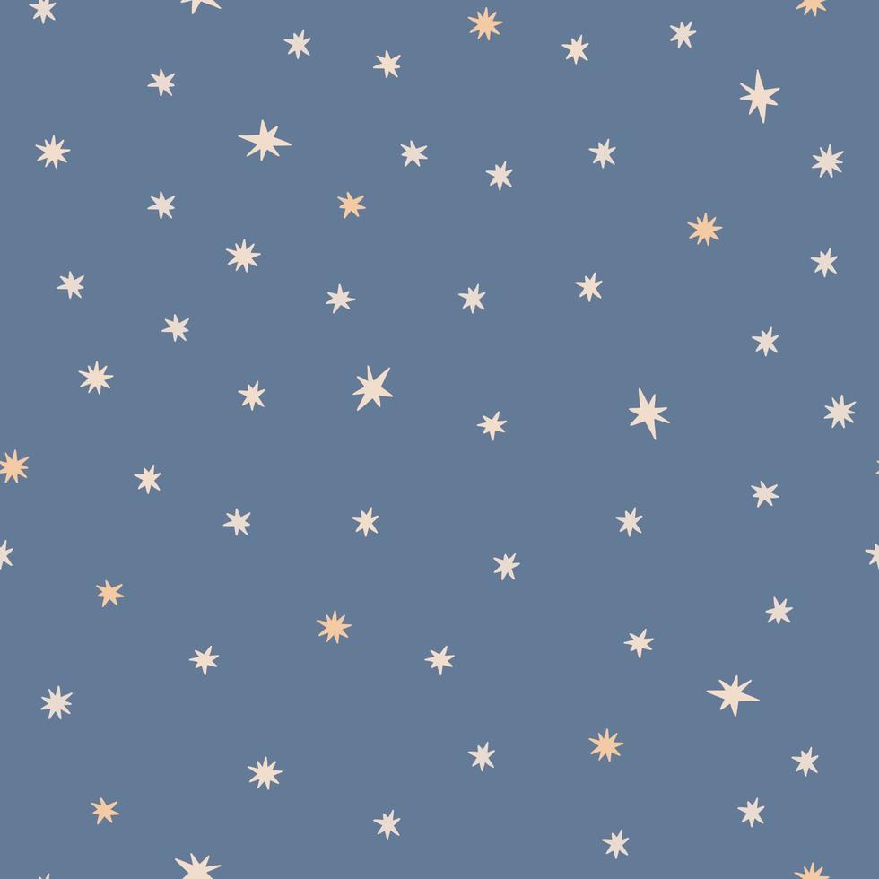 encantador bebé ducha cielo estrellado lunares patrón sin costuras ilustración vectorial, estrellas dibujadas a mano en orden caótico aleatorio, dulces sueños niños divertida imagen simple para textiles, papel de regalo vector