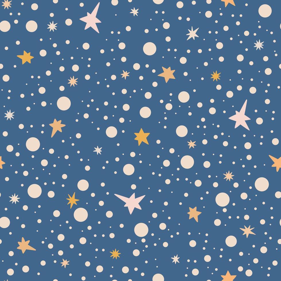 Lovely baby shower starry sky polka dot seamless pattern vector illustration, hand drawn stars in random chaotic order, sweet dreams children funny simple image for textile, gift paper