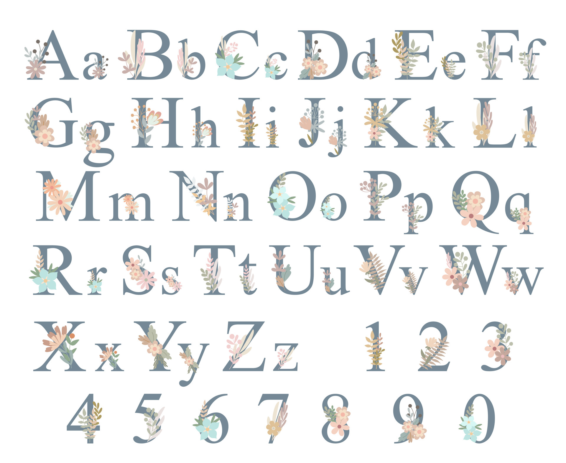 Letters of alphabet uppercase, lowercase and numbers decorated ...