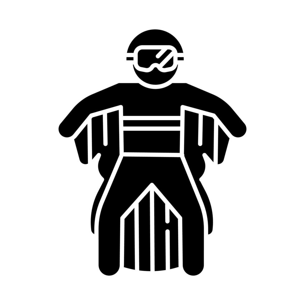 Wingsuit flying glyph icon. Skydiver jumping with wing suit. Skydiving. Air extreme sport. Flight in sky, adrenaline recreation. Parachutist flying. Silhouette symbol. Vector isolated illustration