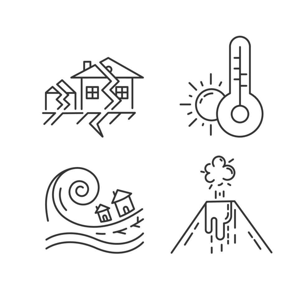 Natural disaster linear icons set. Earthquake, weather forecast, tsunami, volcanic eruption. Global hazards. Thin line contour symbols. Isolated vector outline illustrations. Editable stroke