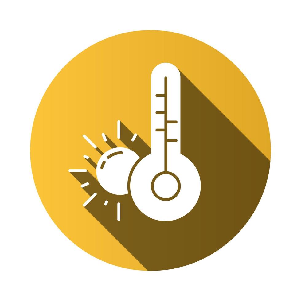 Weather forecast yellow flat design long shadow glyph icon. Anticyclone. Drought. Sun and thermometer. Meteorological observations. Global warming. Vector silhouette illustration
