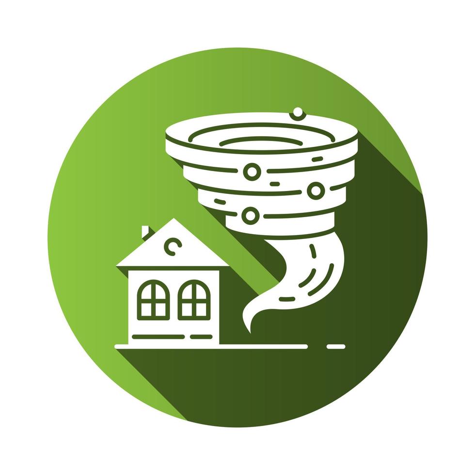 Icono de glifo de sombra larga de diseño plano verde tornado. Embudo espiral tornado acercándose a la casa. ciclón peligroso para la construcción. huracán destructivo. tormenta. tifón. ilustración de silueta vectorial vector