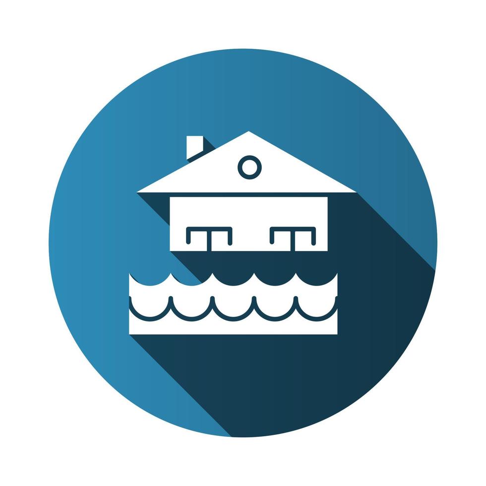 Flood blue flat design long shadow glyph icon. Overflow of water. Sinking house. Submerged building. Flooding locality. Sea level rise. Natural disaster. Vector silhouette illustration