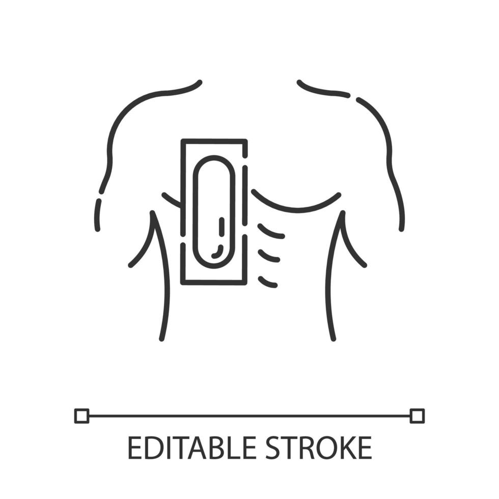 Chest waxing linear icon. Male hair removal procedure. Depilation with natural soft, cold wax strip. Thin line illustration. Contour symbol. Vector isolated outline drawing. Editable stroke