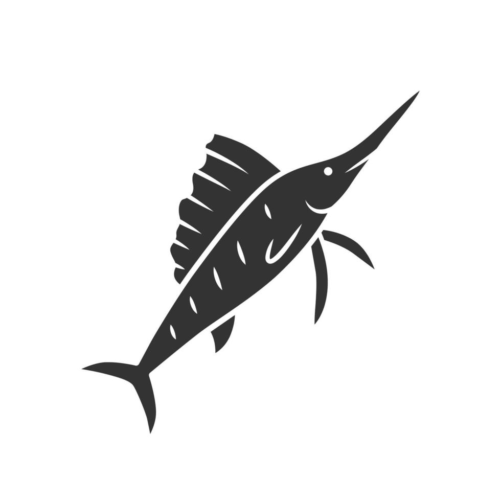 Sailfish glyph icon. Swimming fish with sharp nose. Undersea swordfish animal. Fishing. Aquatic creature. Marine nature. Ocean fauna. Silhouette symbol. Negative space. Vector isolated illustration