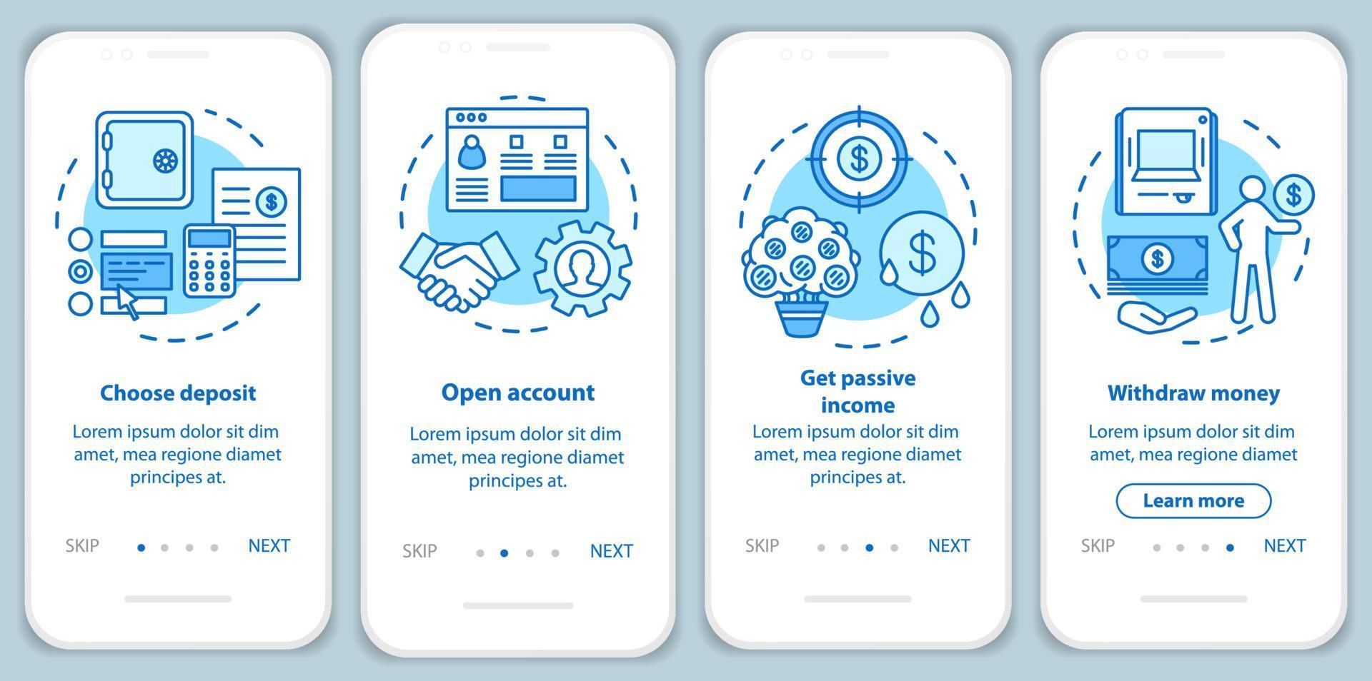 Bank deposit operations onboarding mobile app page screen with linear concepts. Banking service. Four walkthrough steps graphic instructions. UX, UI, GUI vector template with illustrations