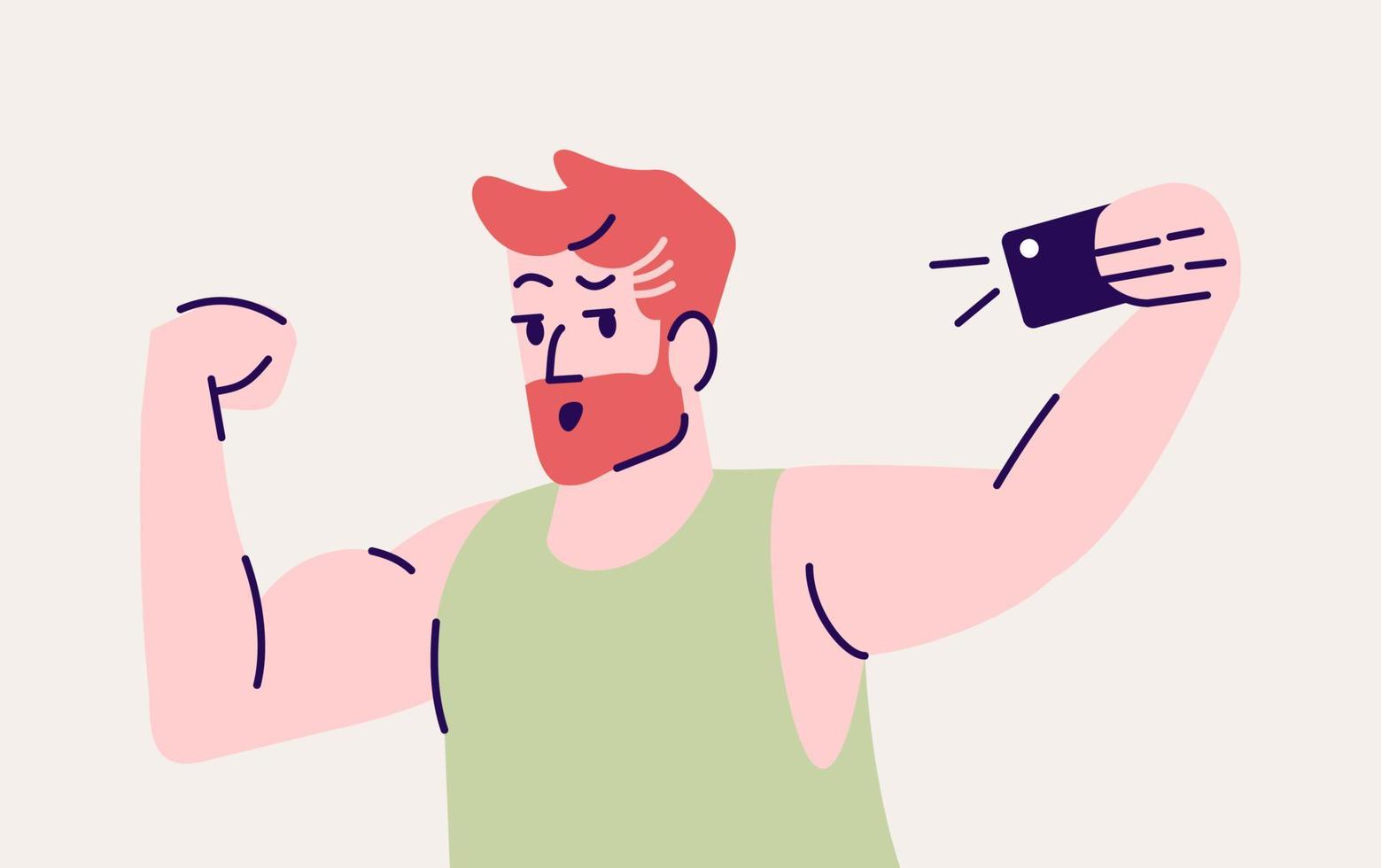 Selfie pose flat vector illustration. Happy man take self photo and show muscles. Strong male makes portrait. Guy taking self picture in smartphone camera isolated cartoon character on grey background