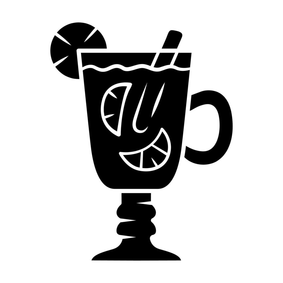 Hot toddy glyph icon. Hot whiskey in Irish coffee glass. Beverage with lemon slices and cinnamon stick in footed tumbler with handle. Silhouette symbol. Negative space. Vector isolated illustration