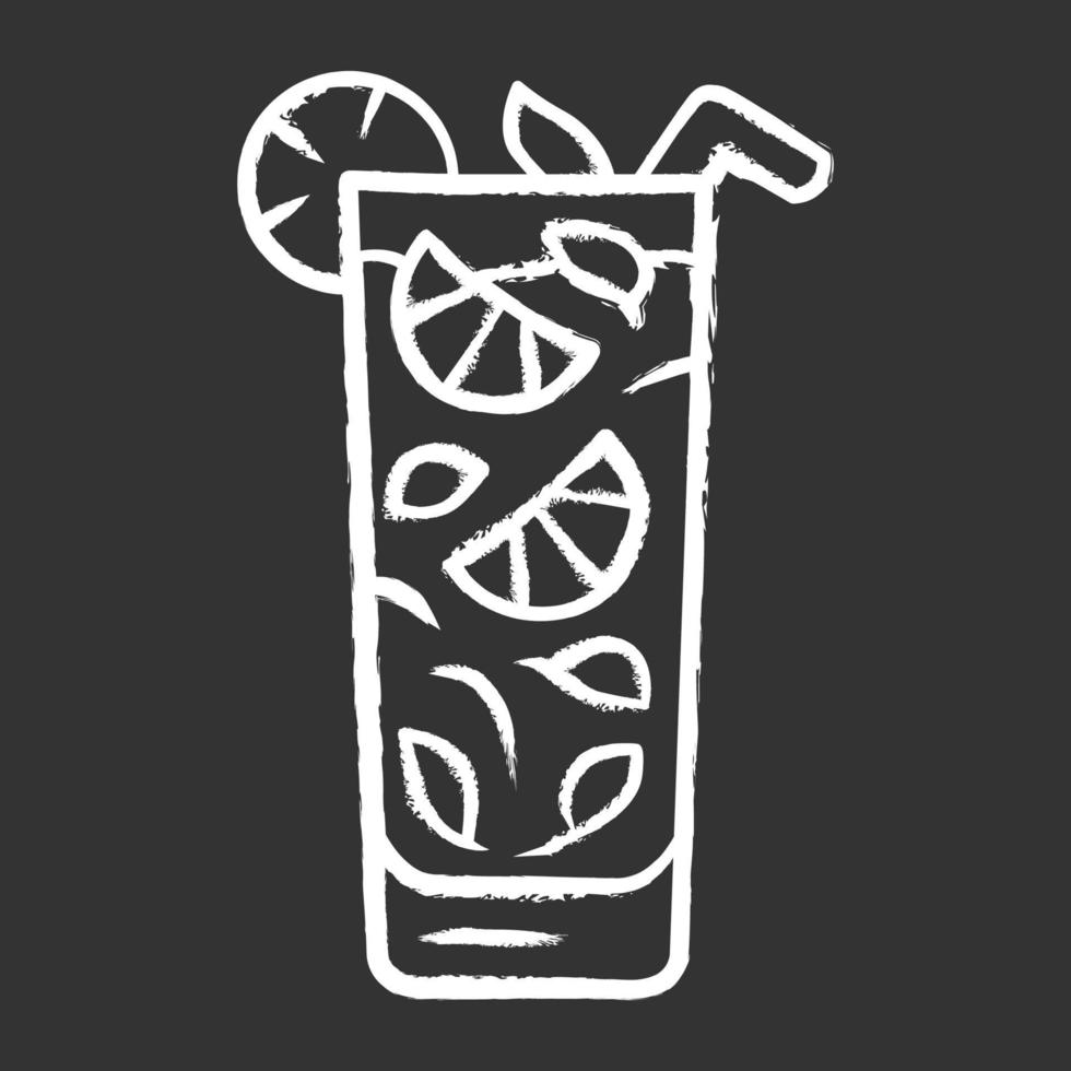 Moxito chalk icon. Mojito cocktail in highball glass slice of citrus and straw. Mixed drink with mint and lemon. Refreshing alcohol drink for party. Isolated vector chalkboard illustration