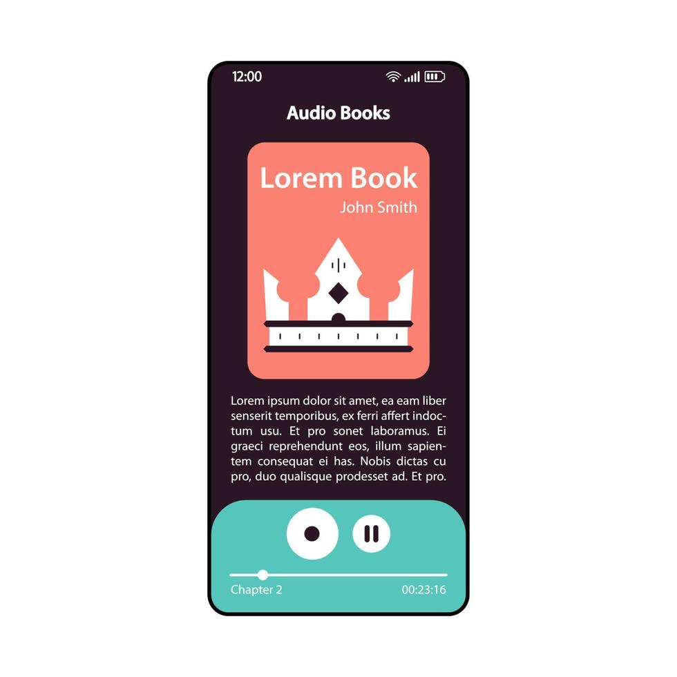 Audiobook player smartphone interface vector template. Mobile audio