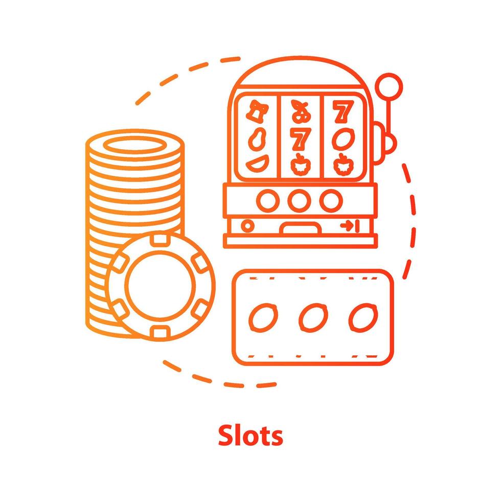 Slots concept icon. One armed bandit, slot machine idea thin line illustration. Online gambling. Lucky seven, fruit spins. Roulette. Vector isolated outline drawing
