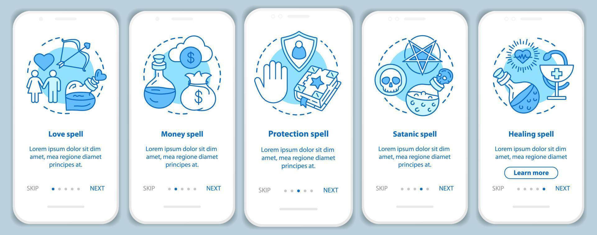 Spells onboarding mobile app page screen with linear concepts. Love, healing, protection magic walkthrough steps graphic instructions. Witchcraft UX, UI, GUI vector template with illustrations
