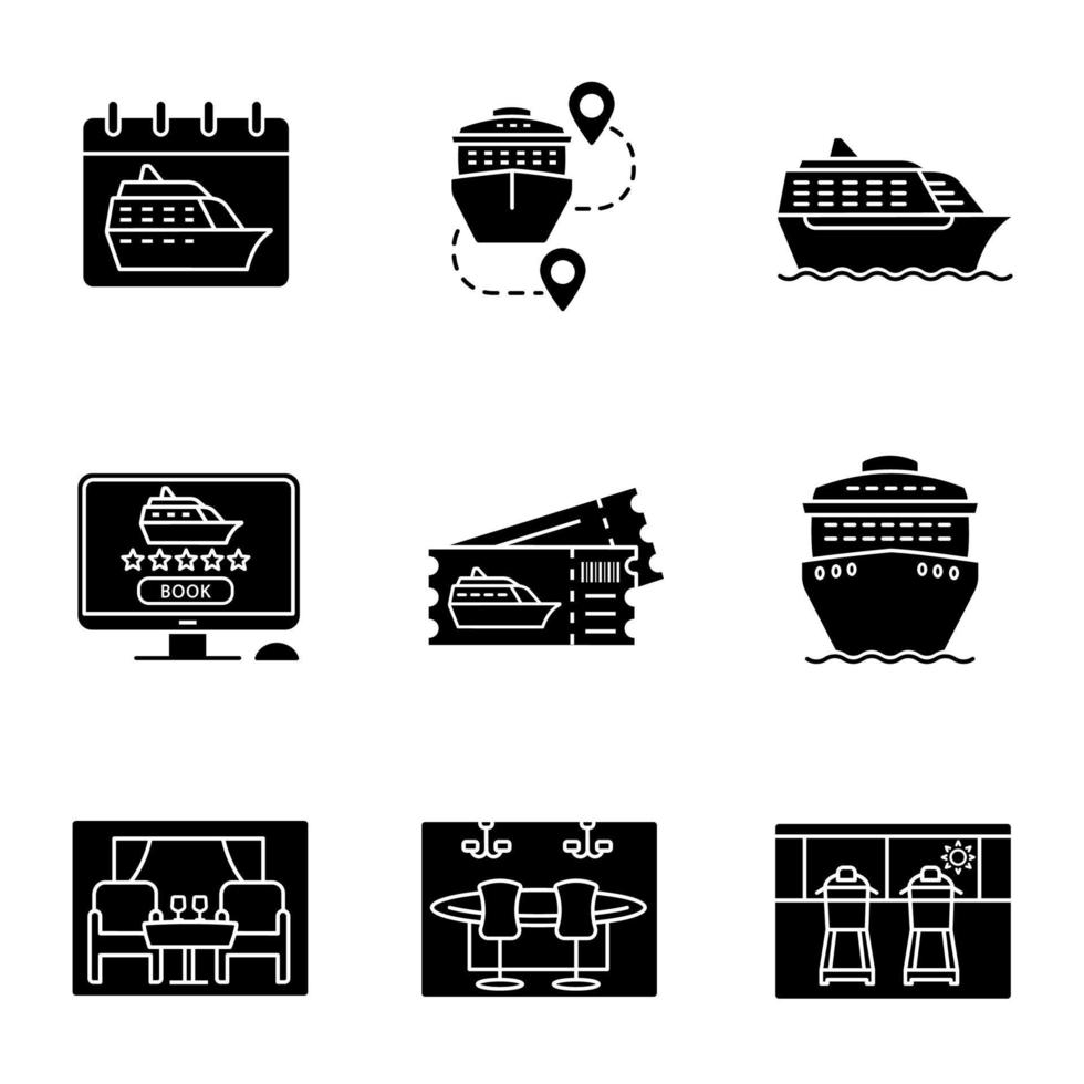 Cruise glyph icons set. Summer voyage. Cruise departure date, ships, trip routes, casino, treadmills, excursion tickets, restaurant, online booking. Silhouette symbols. Vector isolated illustration