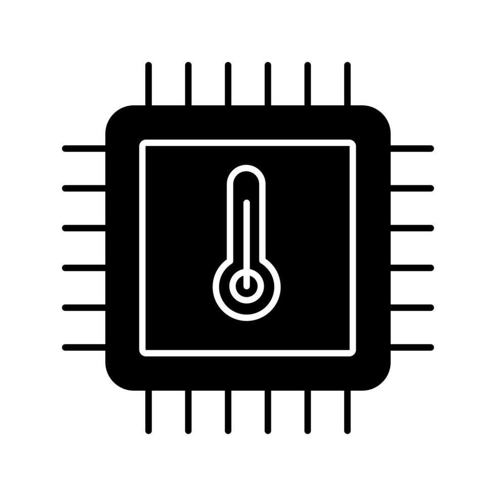 Processor temperature glyph icon. Core temp. CPU overheating. Microchip, chipset. Heating central processing unit. Integrated circuit with thermometer. Silhouette symbol. Vector isolated illustration