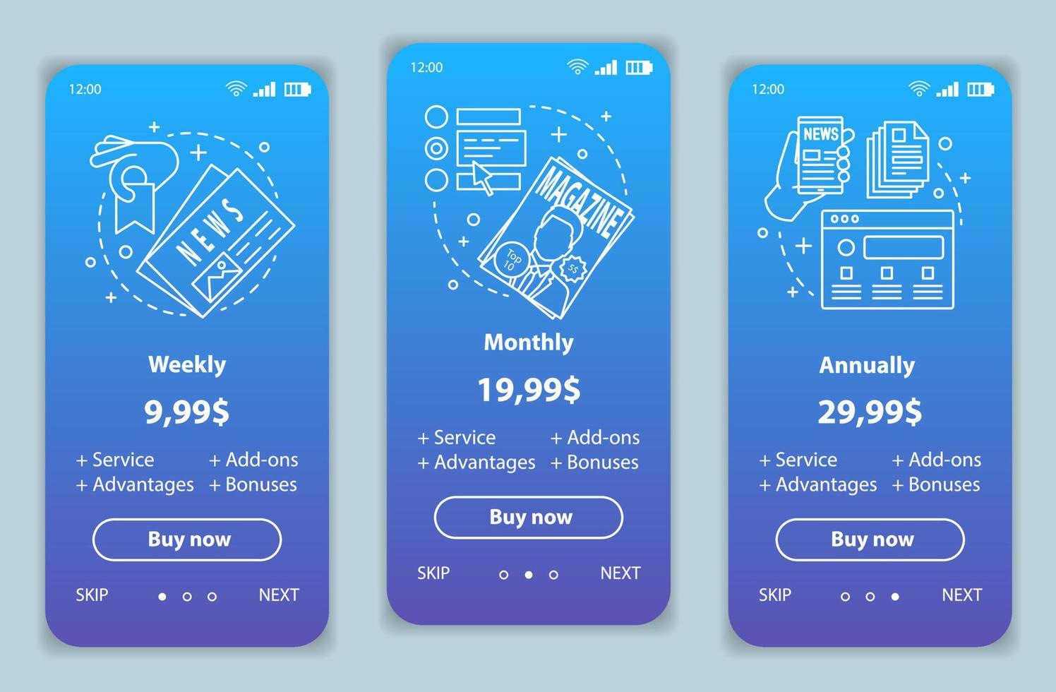 Newspaper, magazine subscription onboarding mobile app screens with service prices. Periodical publications walkthrough website pages templates. Tariff plans steps. Smartphone payment web page layout vector