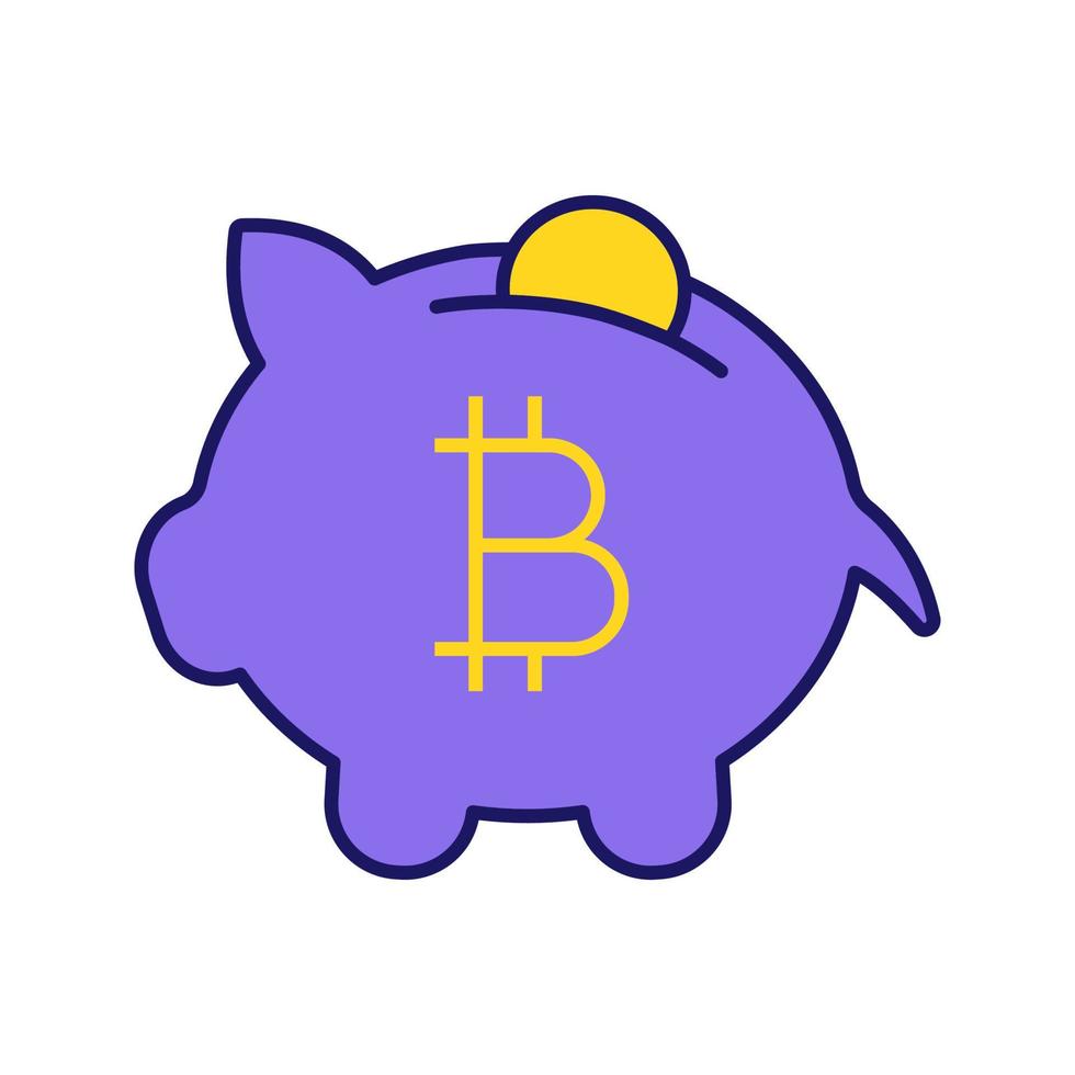 Bitcoin deposit color icon. Penny piggy bank with bitcoin. Cryptocurrency mining. Saving digital money. Isolated vector illustration