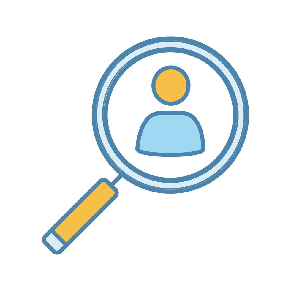 Staff searching color icon. Personnel hiring. Recruitment. Employment. Magnifying glass with person inside. Isolated vector illustration