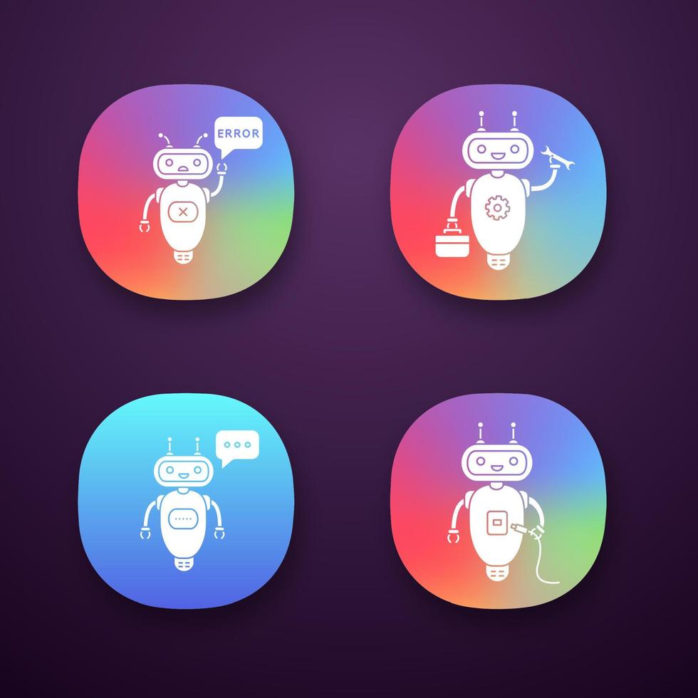 Chatbots app icons set. UI UX user interface. Talkbots. Virtual assistants. Repair, error, USB, typing chat bots. Modern robots. Web or mobile applications. Vector isolated illustrations