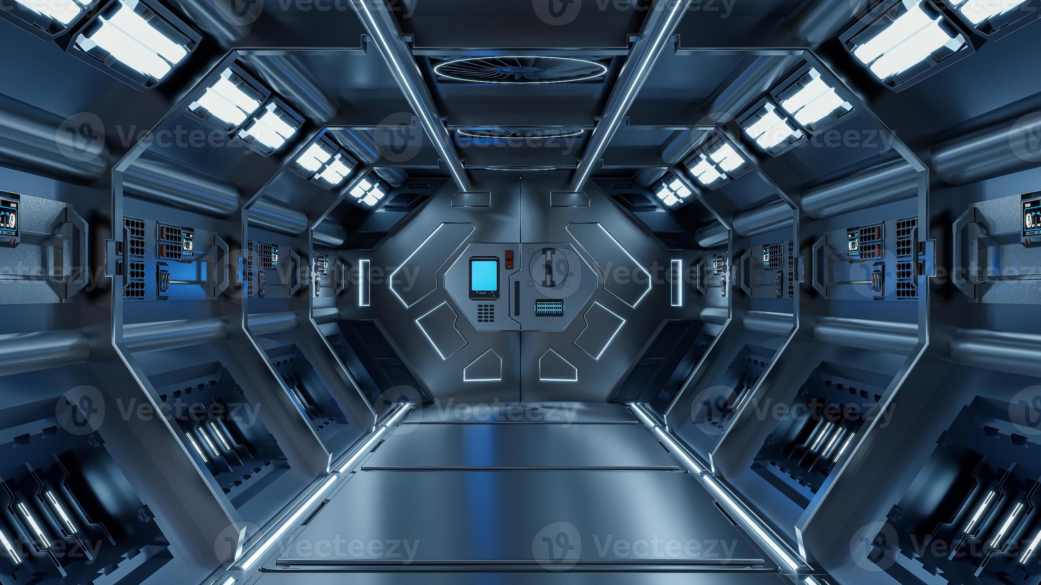 Science background fiction interior rendering sci-fi spaceship corridors  blue light. 5599528 Stock Photo at Vecteezy