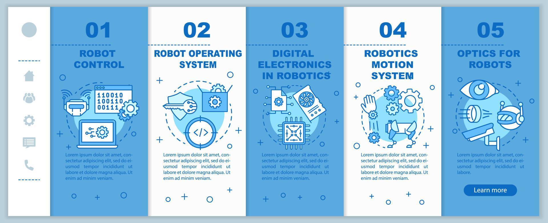 Cursos de robótica incorporación de plantillas vectoriales de páginas web móviles. automatización. idea de interfaz de sitio web de teléfono inteligente sensible con ilustraciones lineales. pantallas de pasos del tutorial de la página web. concepto de color vector