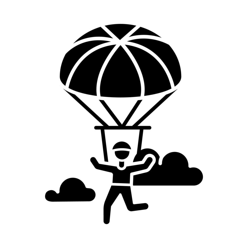 Parachuting glyph icon. Paragliding, paratrooping activity. Air extreme sport. Skydiving, hang gliding recreation. Flights in sky, jumps with parachute. Silhouette symbol. Vector isolated illustration