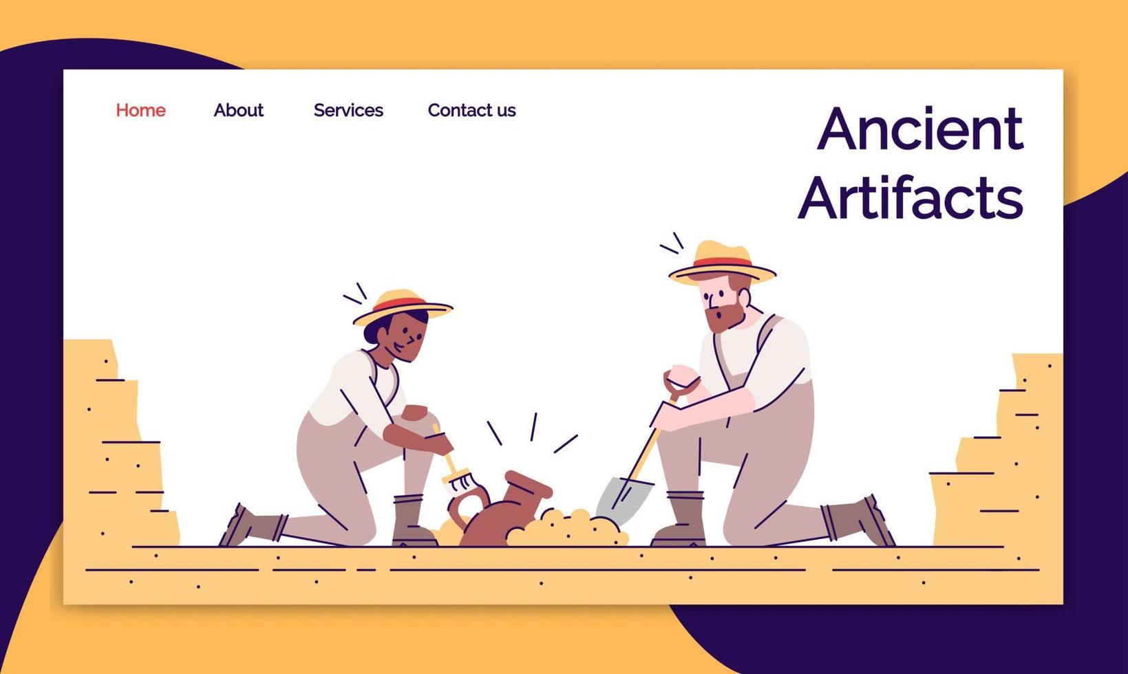 Ancient artifacts landing page vector template. Archeological excavations website interface idea with flat illustrations. Study of antique ceramics homepage layout. Web banner, webpage cartoon concept