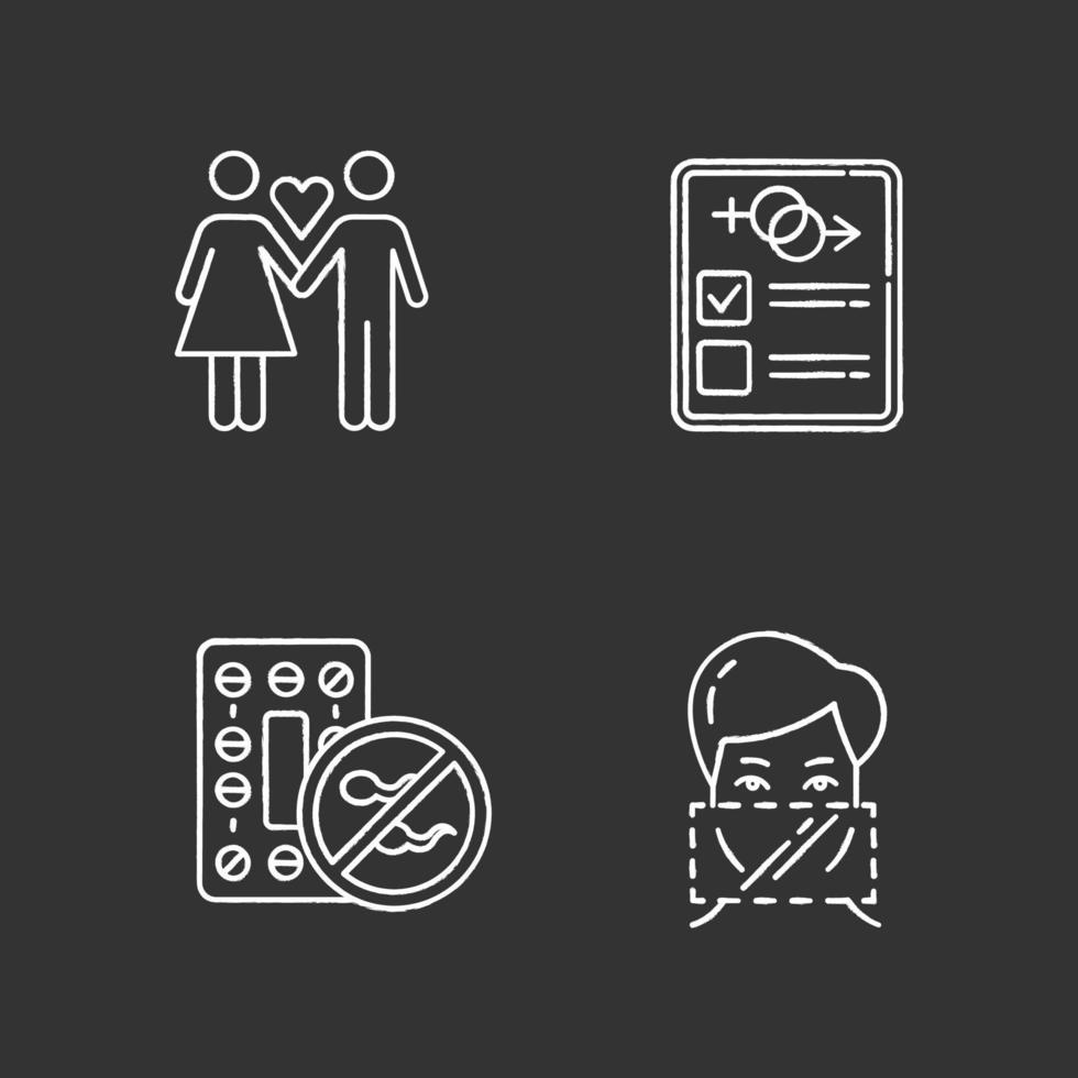 Safe sex chalk icons set. Only one partner. Monogamy. Man and woman in love. Girlfriend and boyfriend. Sex test, check. Oral contraceptive pills