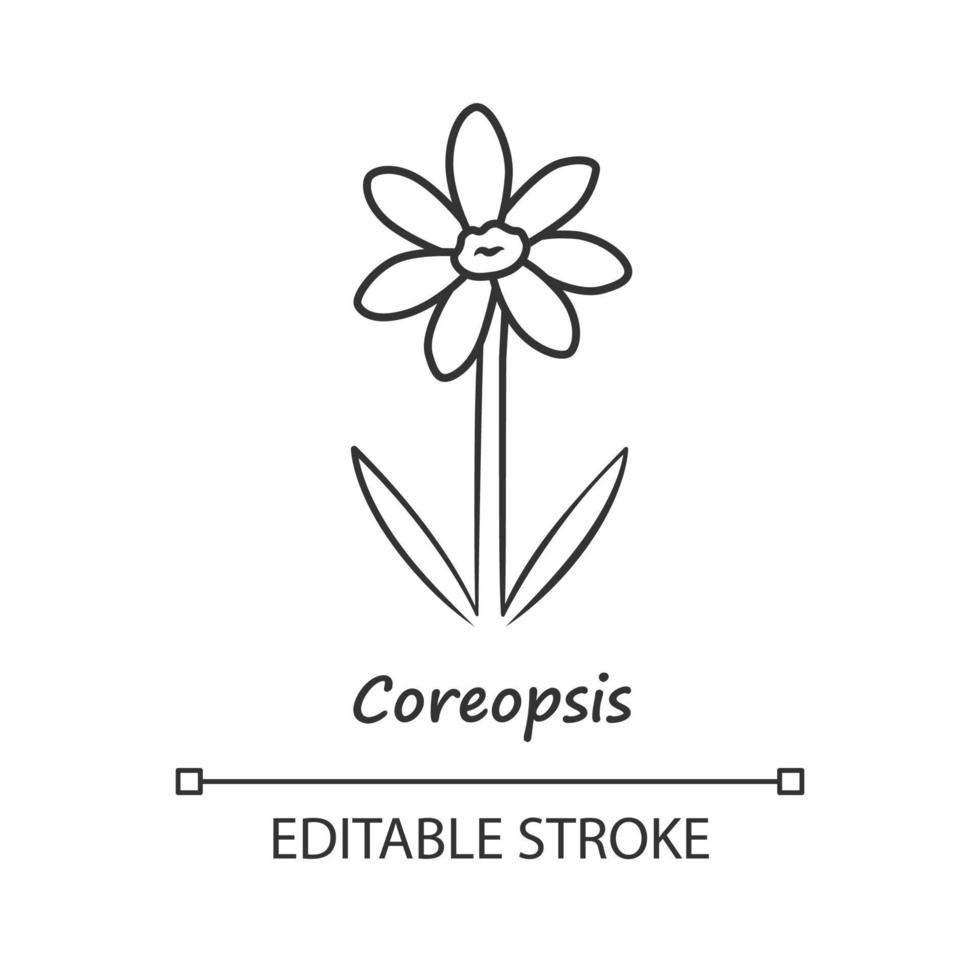 Coreopsis linear icon. Thin line illustration. Rudbeckia garden flower with name. Calliopsis plant. Blooming daisy, camomile wildflower. Contour symbol. Vector isolated drawing. Editable stroke