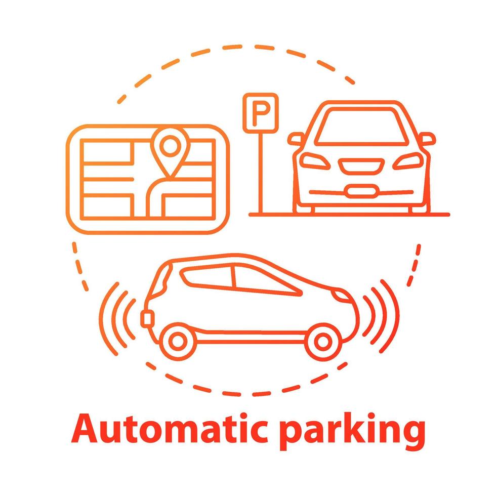 icono de concepto de estacionamiento automático. navegación para automóviles sin conductor. sistema inteligente de maniobras de automóviles. Ilustración de línea fina de idea de función de conducción autónoma. dibujo de contorno aislado vectorial. trazo editable vector