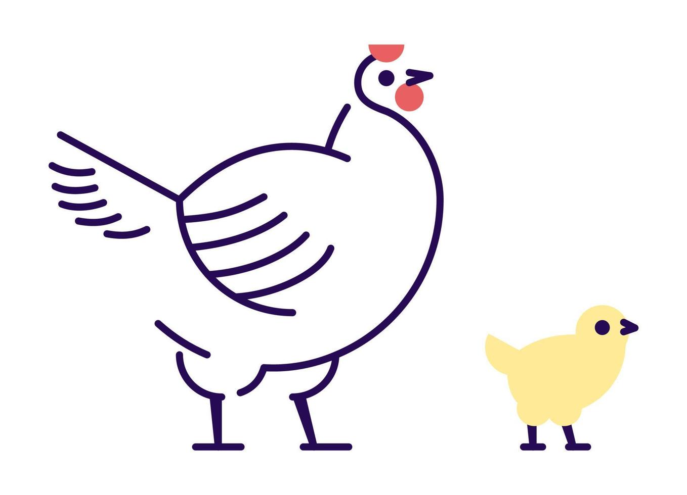 White hen with yellow chick flat vector illustration. Domestic bird breeding concept. Mother chicken isolated design element with outline. Poultry farming, hennery symbol on white background