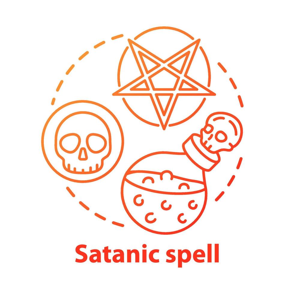 Satanic spell concept icon. Esoterics and alchemy idea thin line illustration. Dark magic, diabolic ritual. Pentagram, skull and potion vector isolated outline drawing. Witchcraft service