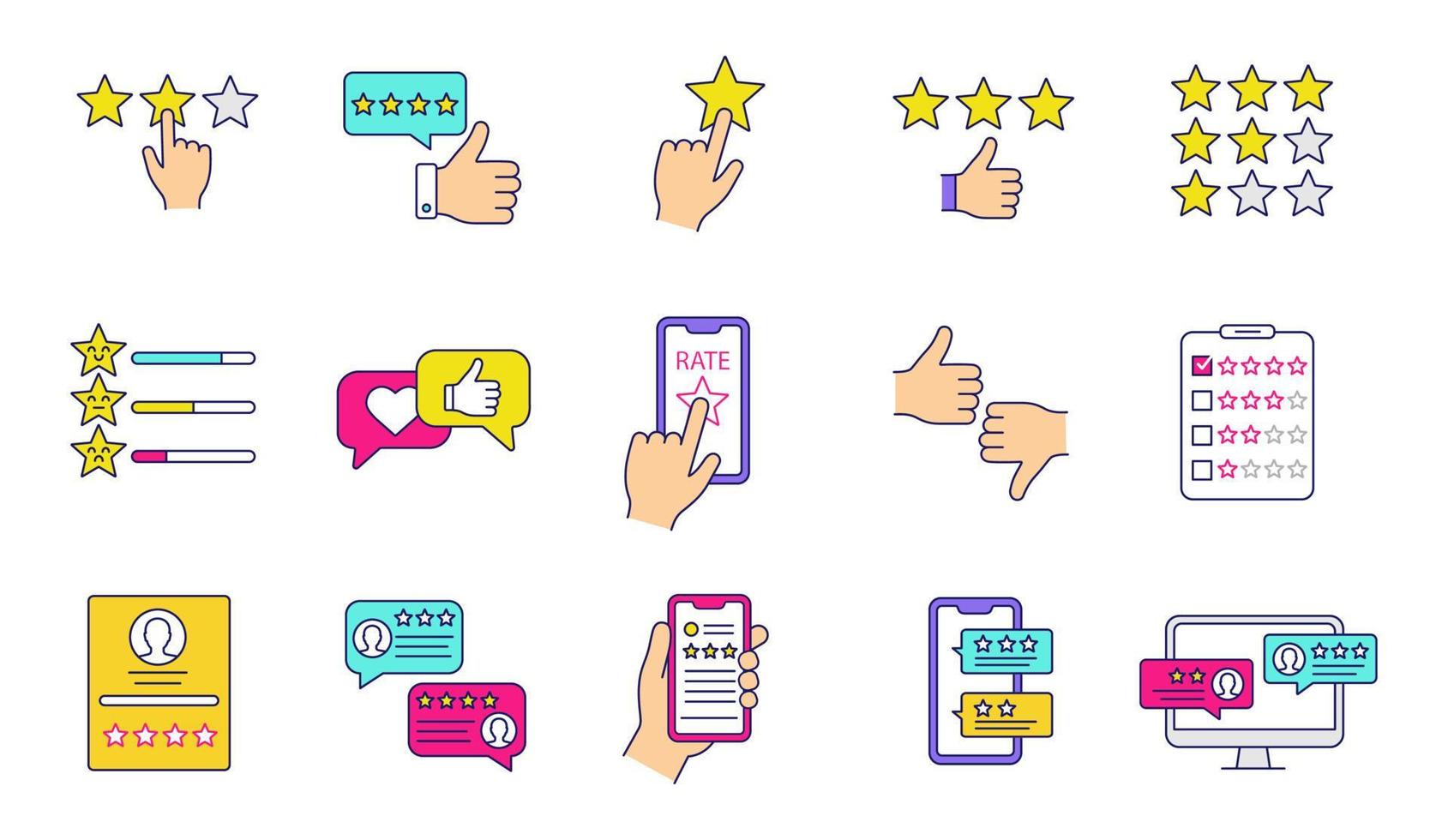 Rating color icons set. Customer feedback and reviews. Ranking. Service satisfaction. Likes and dislikes. Positive, negative reviews. Isolated vector illustrations