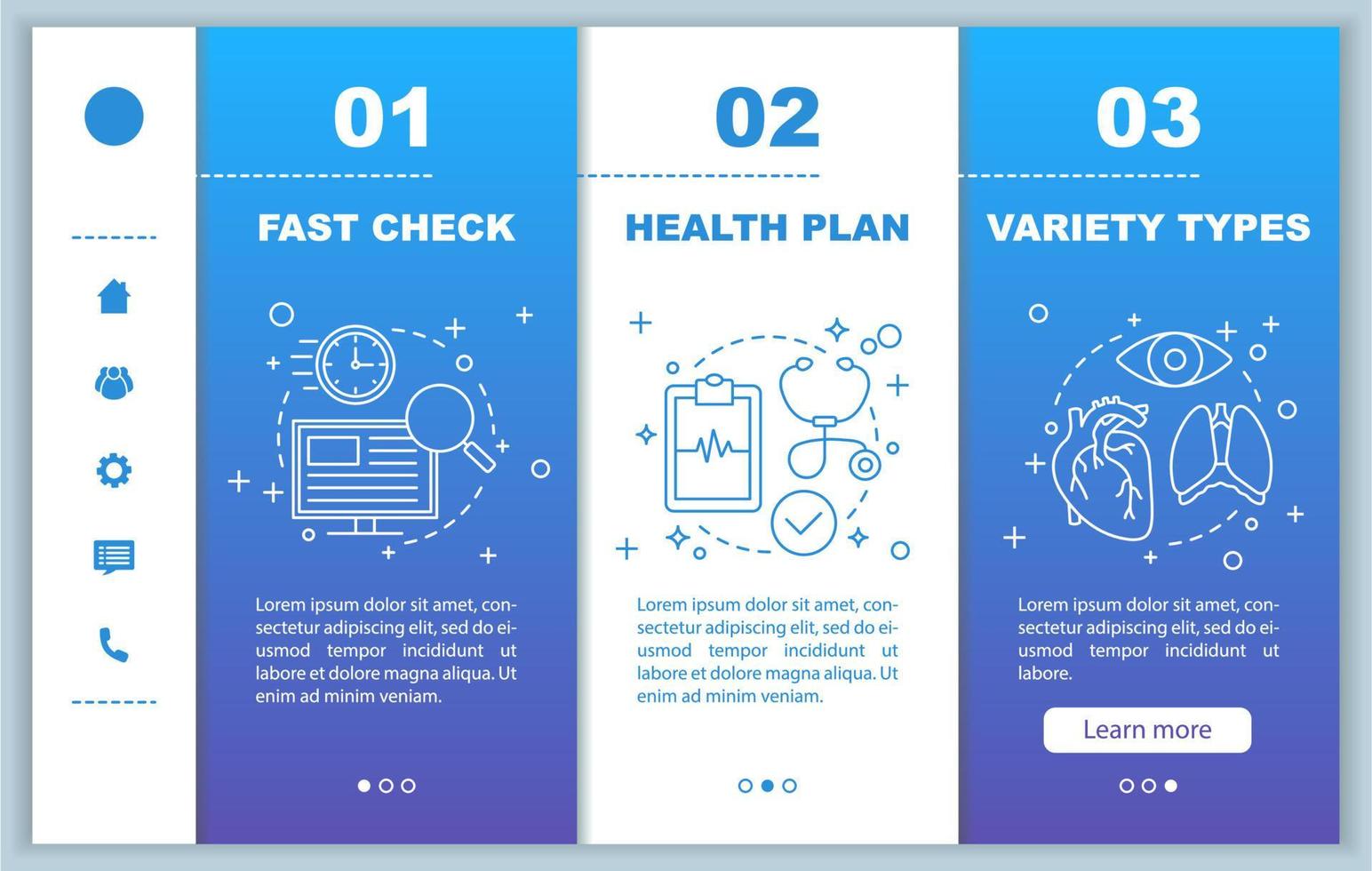 Medical services onboarding mobile web pages vector template. Diagnosis. Medical exam. Healthcare and medicine. Responsive smartphone website interface. Webpage walkthrough step screens