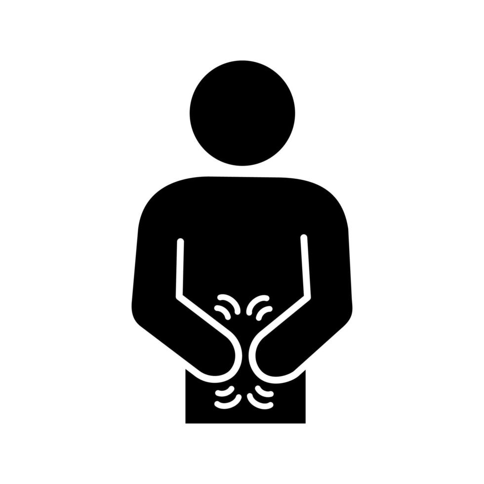 Indigestion glyph icon. Upset stomach. Stomachache. Digestive disorder. Irritable bowel. Stress symptoms. Diarrhea, bloating, nausea, abdominal pain. Silhouette symbol. Vector isolated illustration