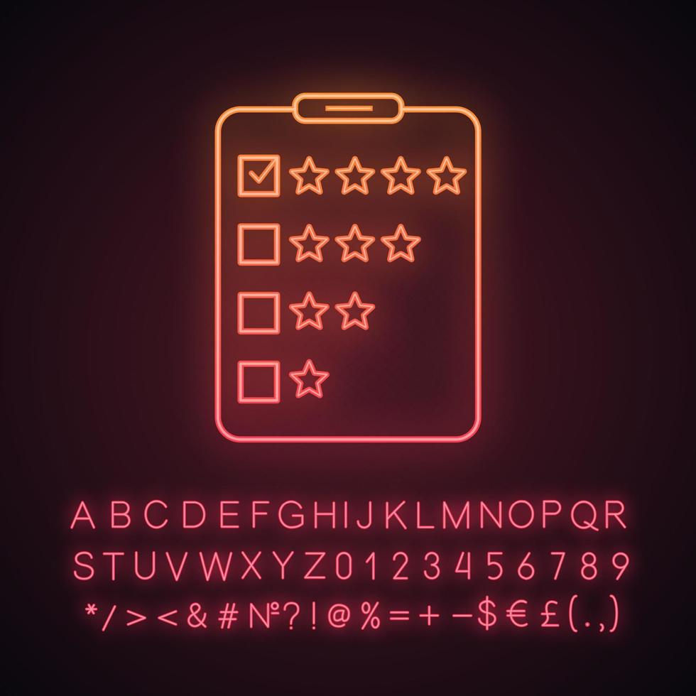 Rating survey neon light icon. Ranking research questions. Customer feedback and reviews. Glowing sign with alphabet, numbers and symbols. Vector isolated illustration