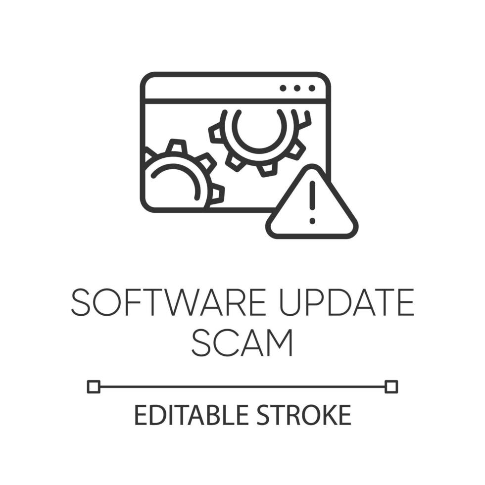 icono lineal de estafa de actualización de software. sistema falso, actualización del programa. programa malicioso anuncio emergente engañoso. fraude financiero. ilustración de línea delgada. símbolo de contorno dibujo de contorno aislado vectorial. trazo editable vector