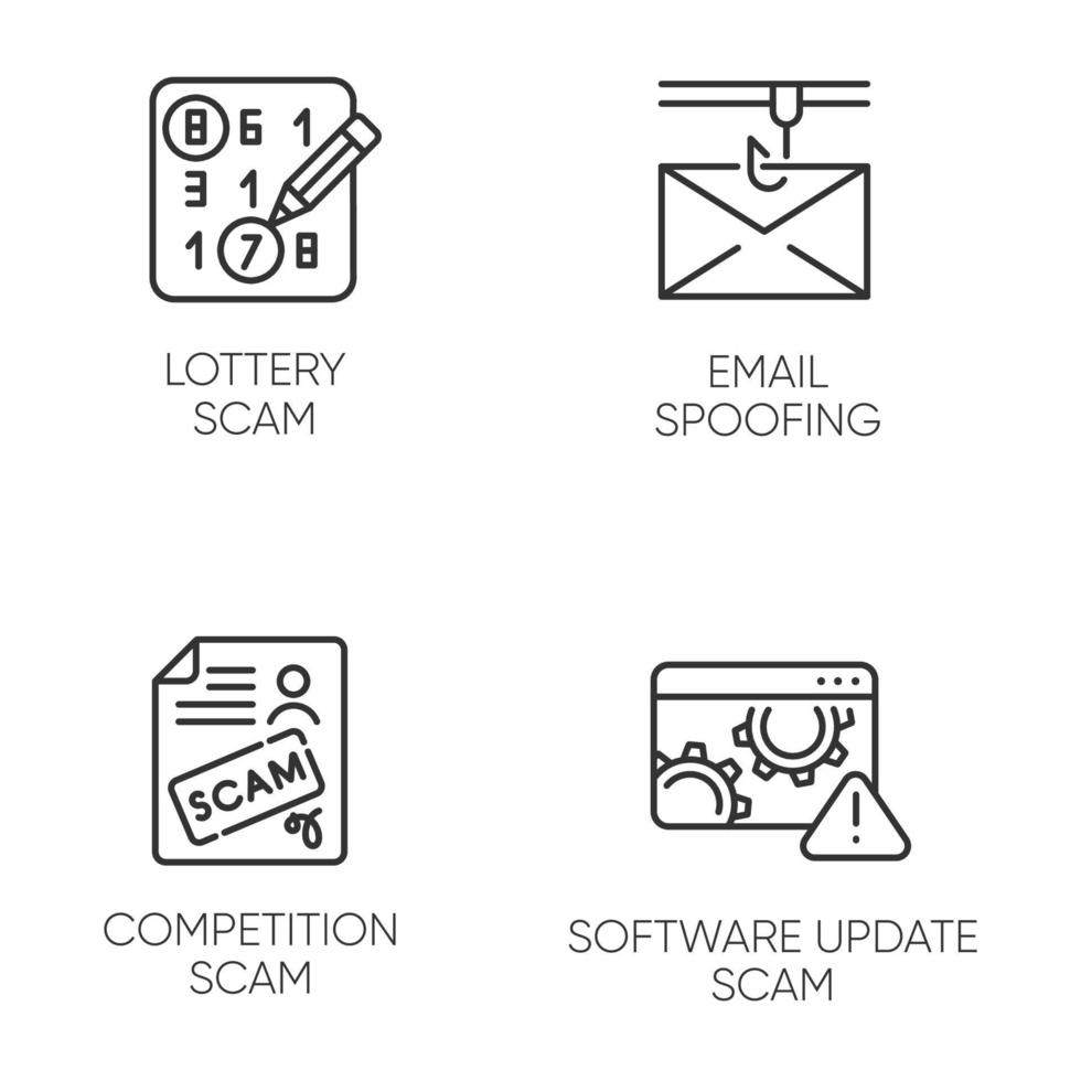 conjunto de iconos lineales de tipos de estafa. lotería, esquema de competencia. falsificación de correo electrónico. Truco de actualización de software. ganancia de dinero ilegal. símbolos de contorno de línea delgada. ilustraciones aisladas de contorno vectorial. trazo editable vector